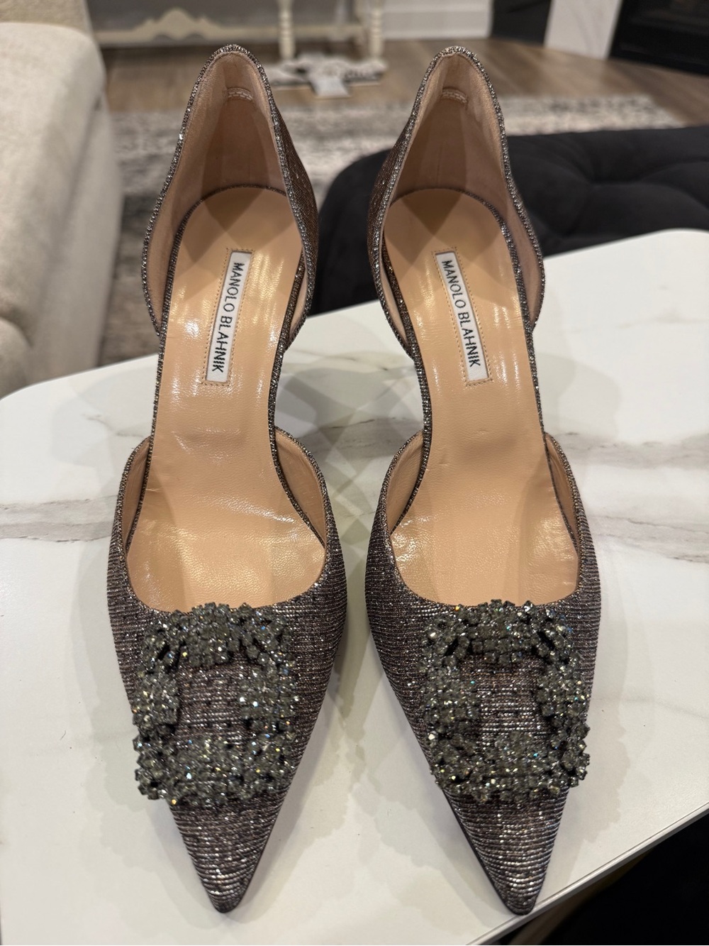Manolo Blahnik Metallic Gunmetal Crystal-Embellished Pointed-Toe D'Orsay Pumps